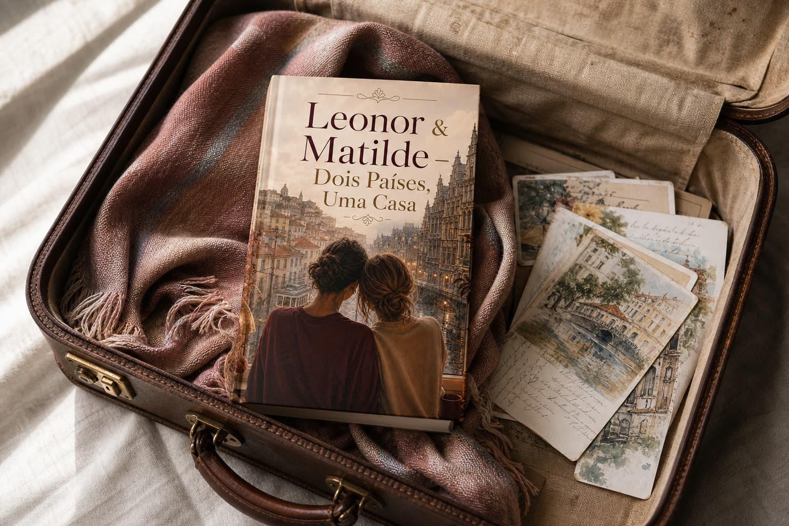 Livro físico “Leonor & Matilde — Dois Países, Uma Casa” dentro de uma mala aberta