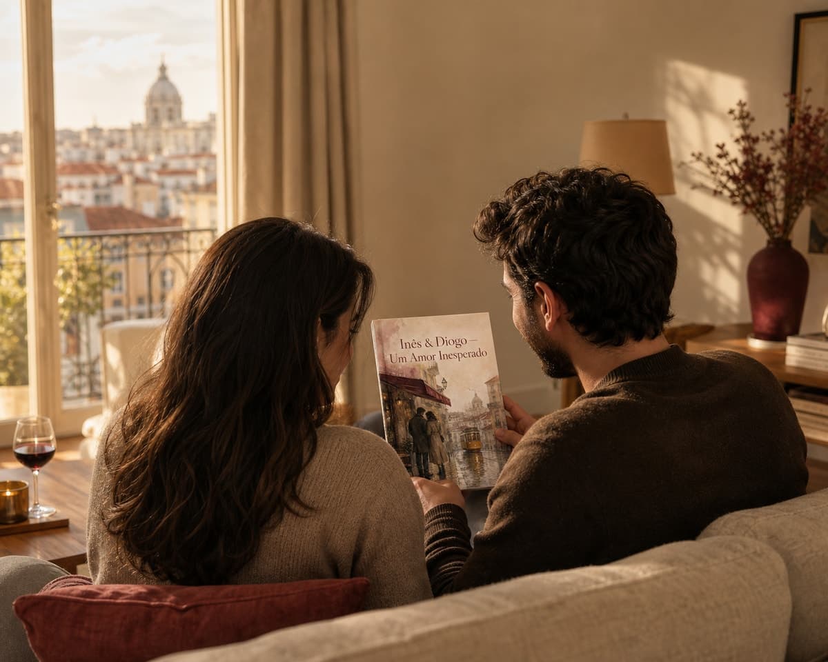Casal adulto a ler em conjunto o livro personalizado “Inês & Diogo — Um Amor Inesperado” numa sala em Lisboa