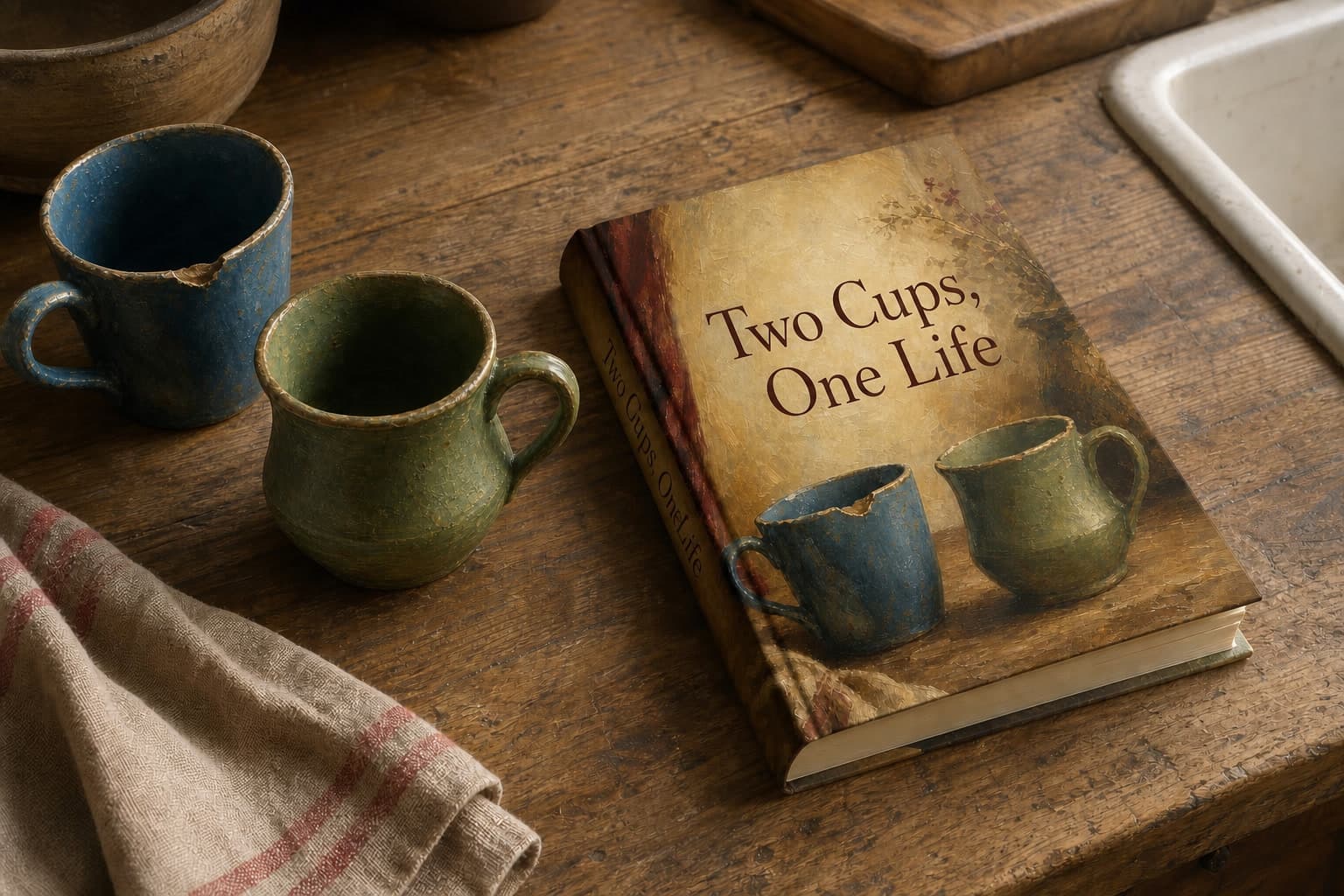 Personalized couples book beside two well-used cups
