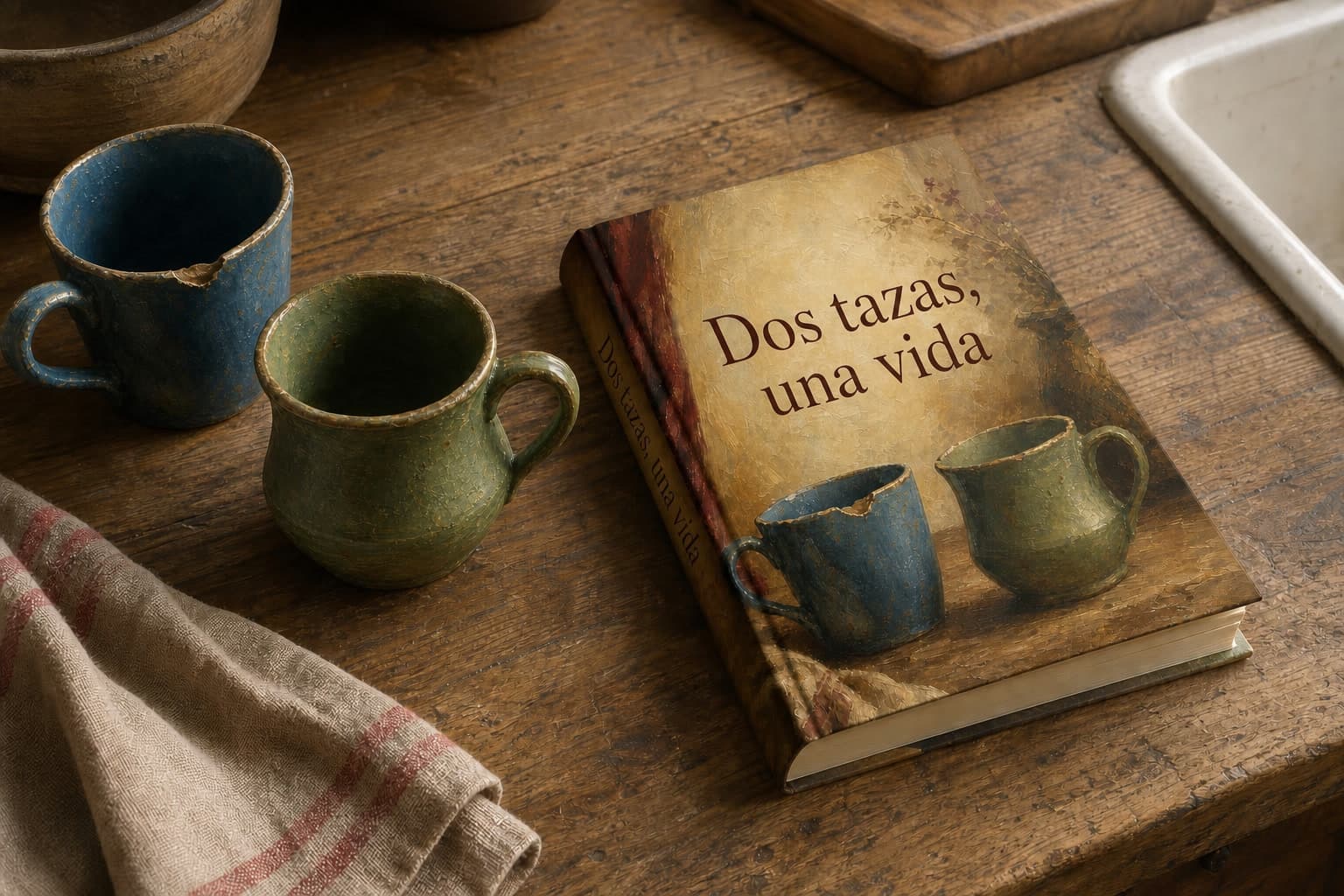 Libro personalizado para parejas junto a dos tazas usadas