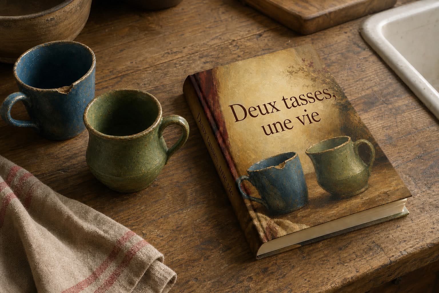 Livre personnalisé pour couples près de deux tasses usées