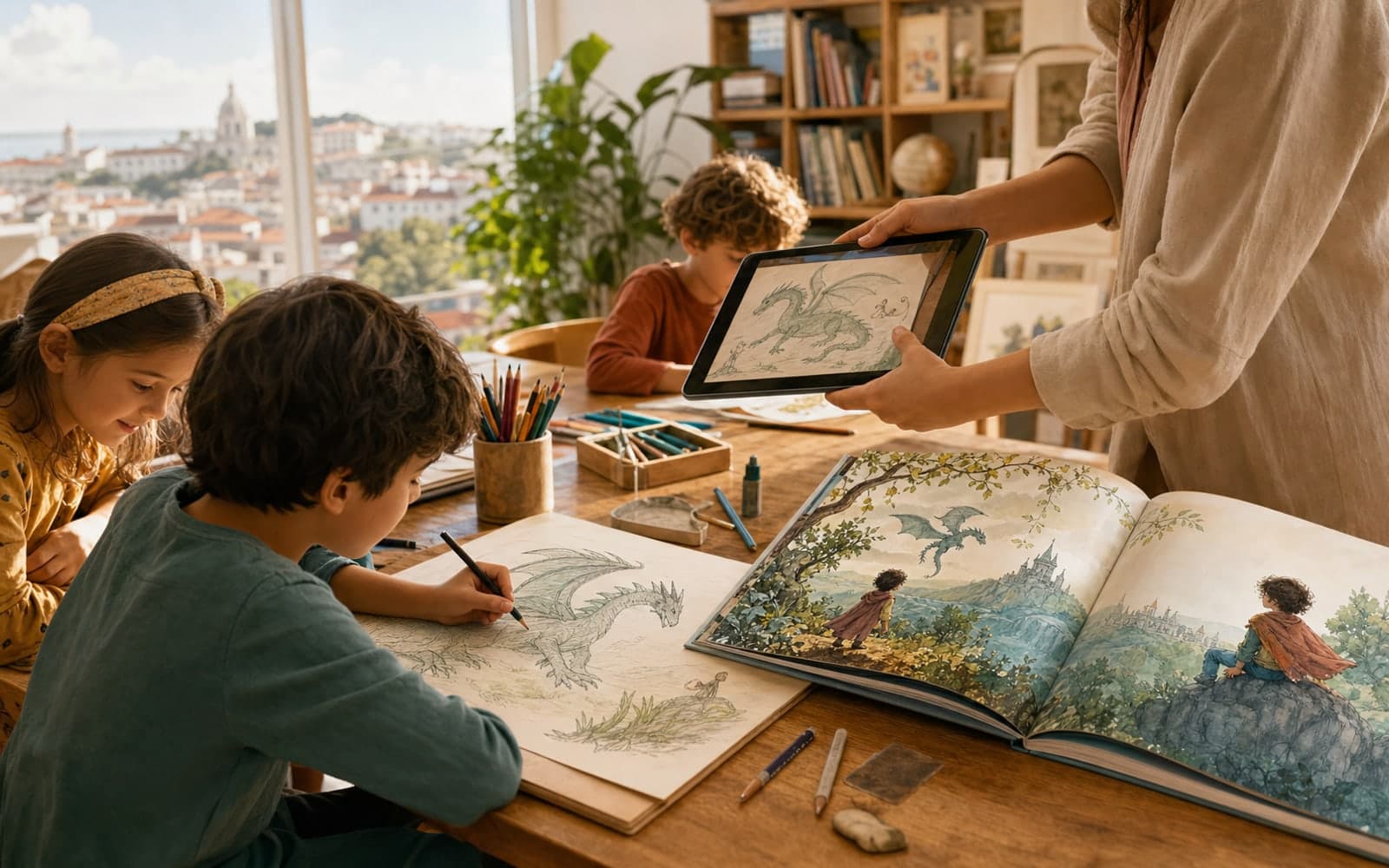 Crianças num atelier a desenhar um dragão, com um monitor a fotografar o desenho e um livro ilustrado aberto na mesa