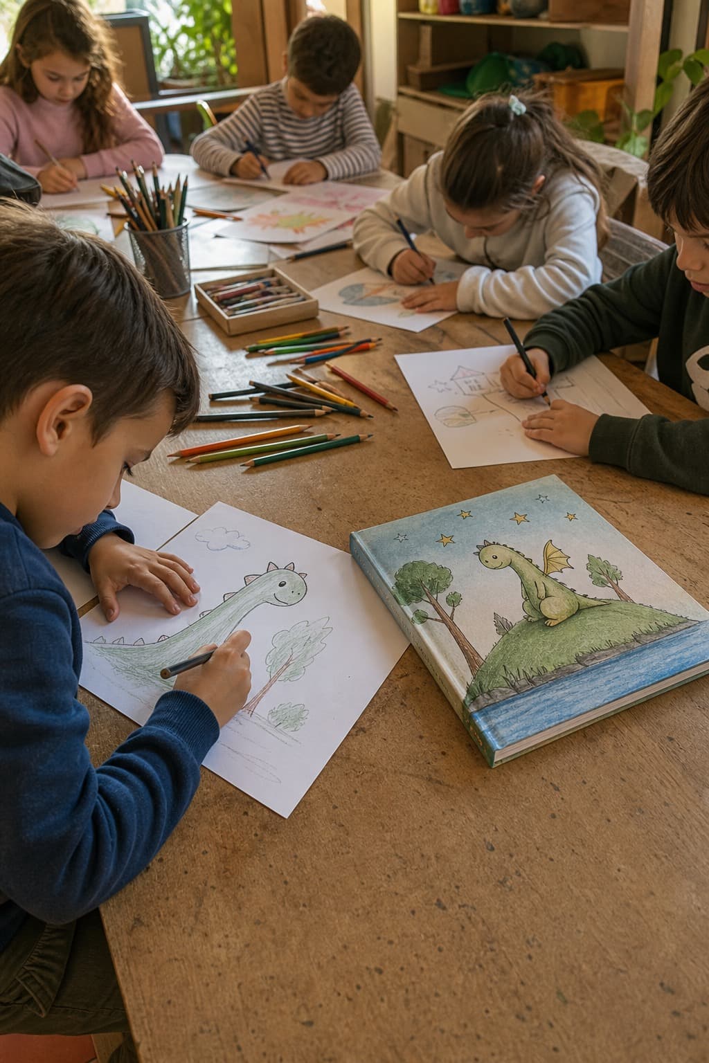 Crianças num workshop a desenhar em papel, com um livro infantil ilustrado ao lado de um desenho de dragão
