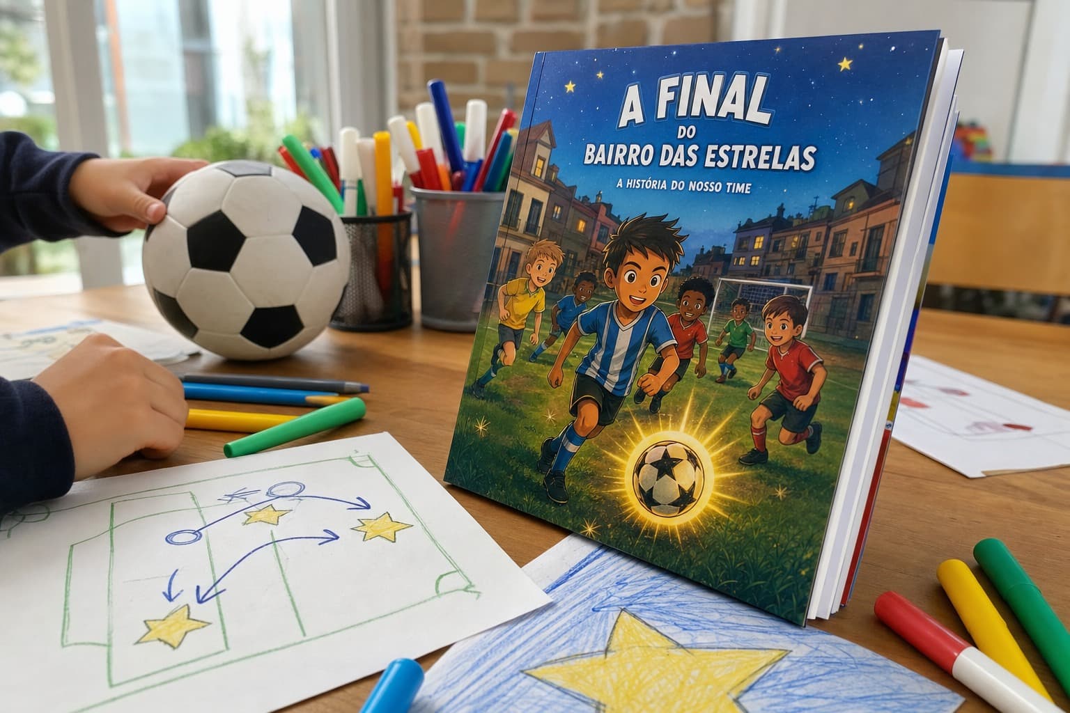 Livro físico A Final do Bairro das Estrelas numa mesa de workshop, junto a bola e desenho de táticas