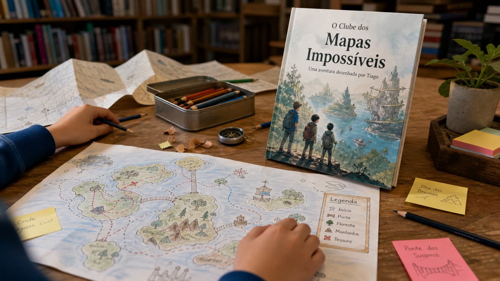Livro físico O Clube dos Mapas Impossíveis numa mesa de workshop, junto a mapas desenhados e notas coloridas