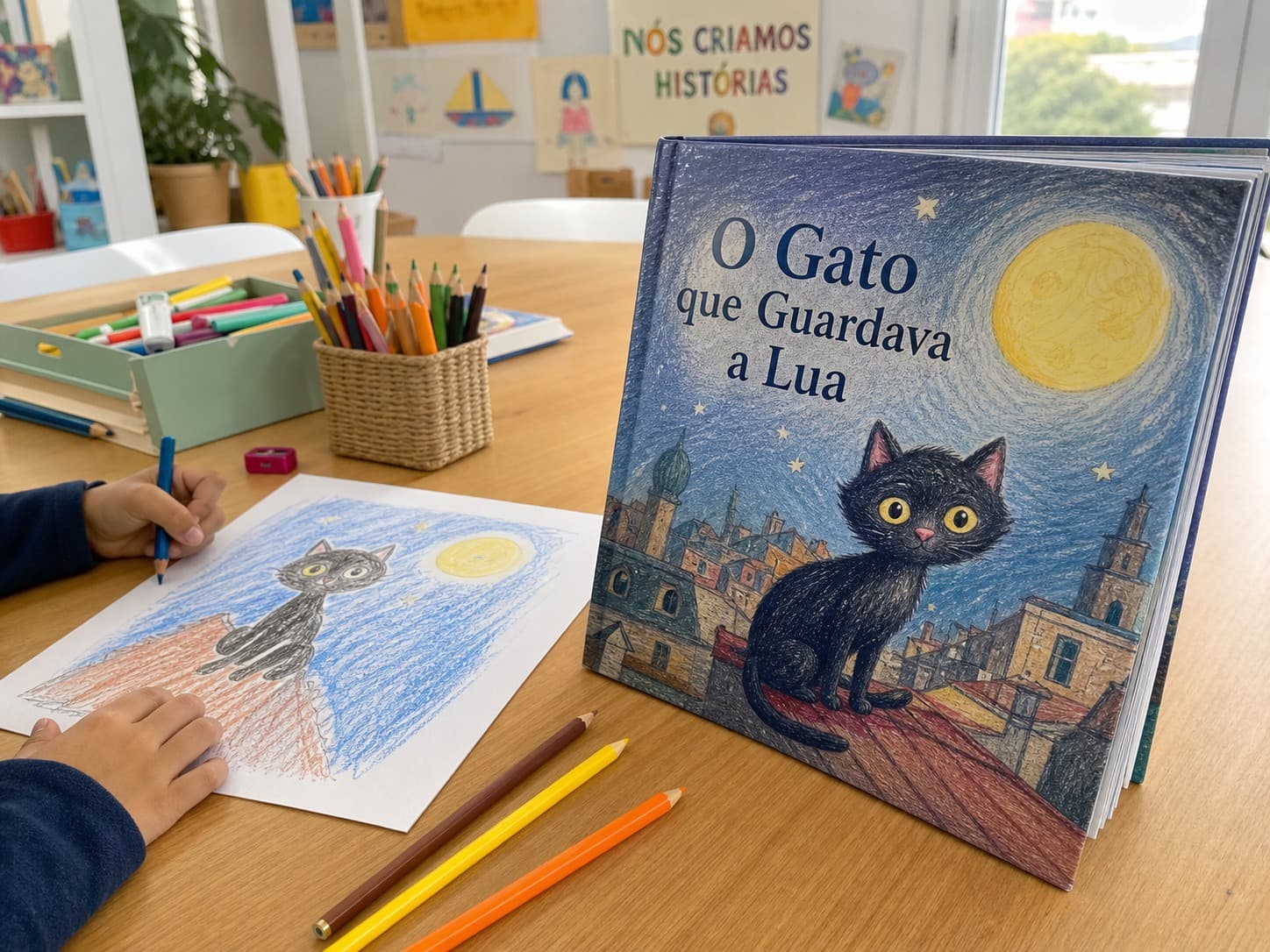 Livro físico O Gato que Guardava a Lua numa mesa de workshop, ao lado de desenho infantil e lápis de cor