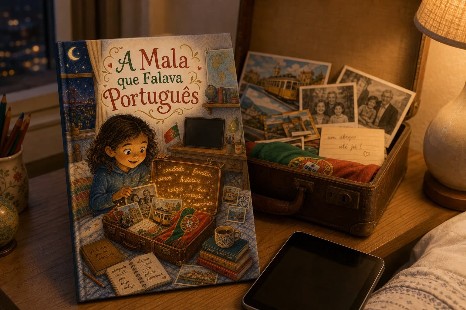 Livro físico “A Mala que Falava Português” numa mesa de cabeceira com mala pequena e postais portugueses