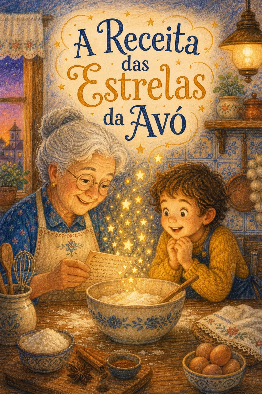 Capa do livro “A Receita das Estrelas da Avó” com avó, neto e cozinha iluminada