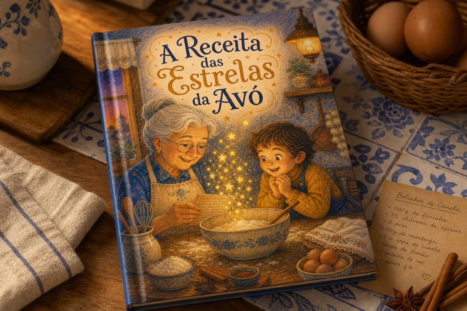 Livro físico “A Receita das Estrelas da Avó” numa cozinha portuguesa com receita e canela
