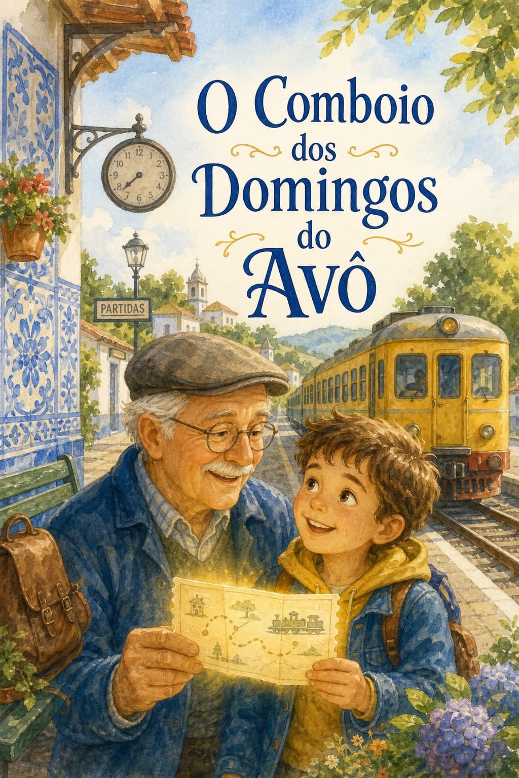 Capa do livro “O Comboio dos Domingos do Avô” com avô, neto e estação portuguesa