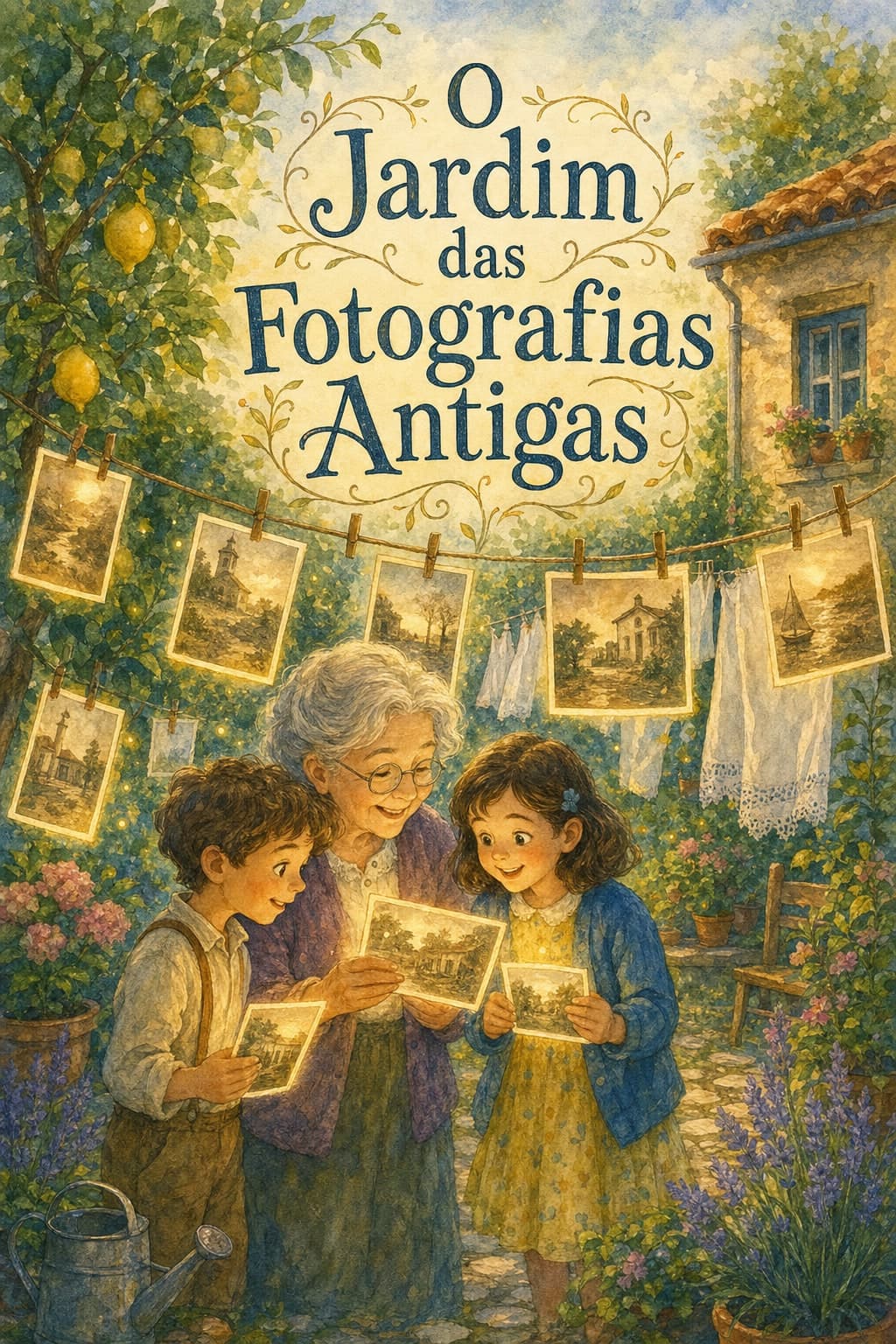Capa do livro “O Jardim das Fotografias Antigas” com avó, netos e fotografias no jardim