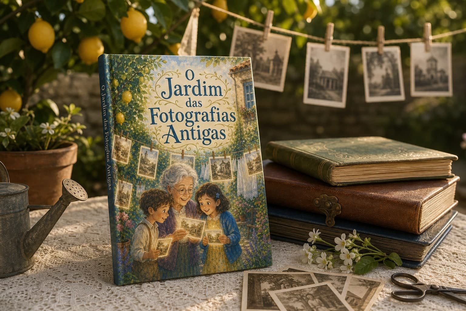 Livro físico “O Jardim das Fotografias Antigas” numa mesa de jardim com fotografias antigas